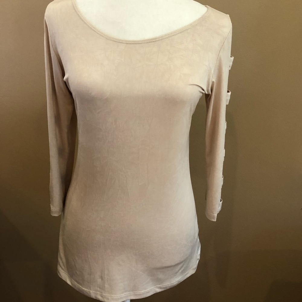 Barcelino Tan Top With Rhinestones and Cut Out Sleeve Detail, Size S